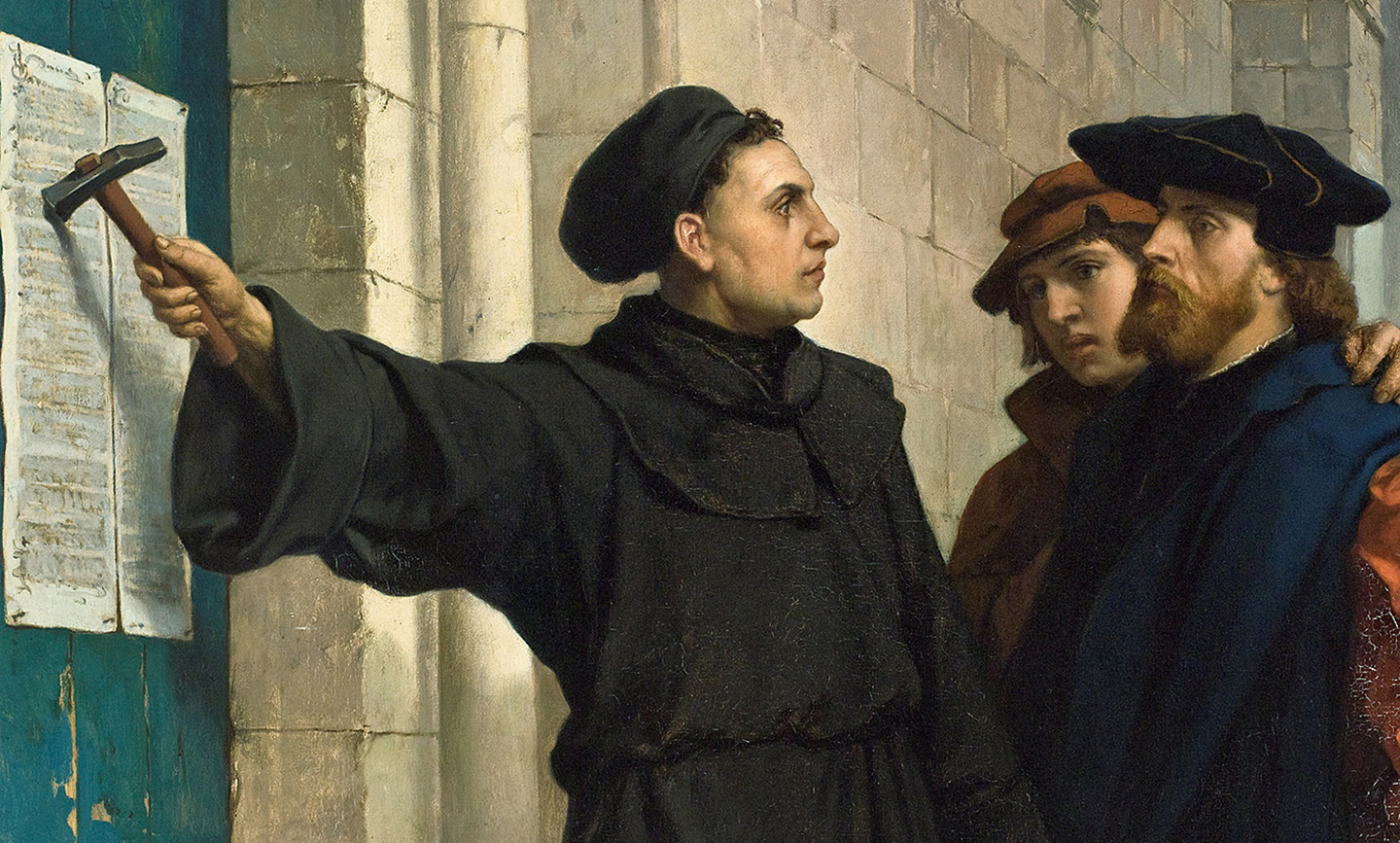 95 Luận đề của Martin Luther, phản đối các thực hành gây tranh cãi của Giáo hội Công Giáo, đã trở thành chất xúc tác cho cuộc Cải cách Tin lành. Chi tiết từ bức tranh “Martin Luther đóng đinh 95 Luận đề lên cánh cửa,” năm 1872, tranh của họa sĩ Ferdinand Pauwels. (Ảnh: Tư liệu công cộng)