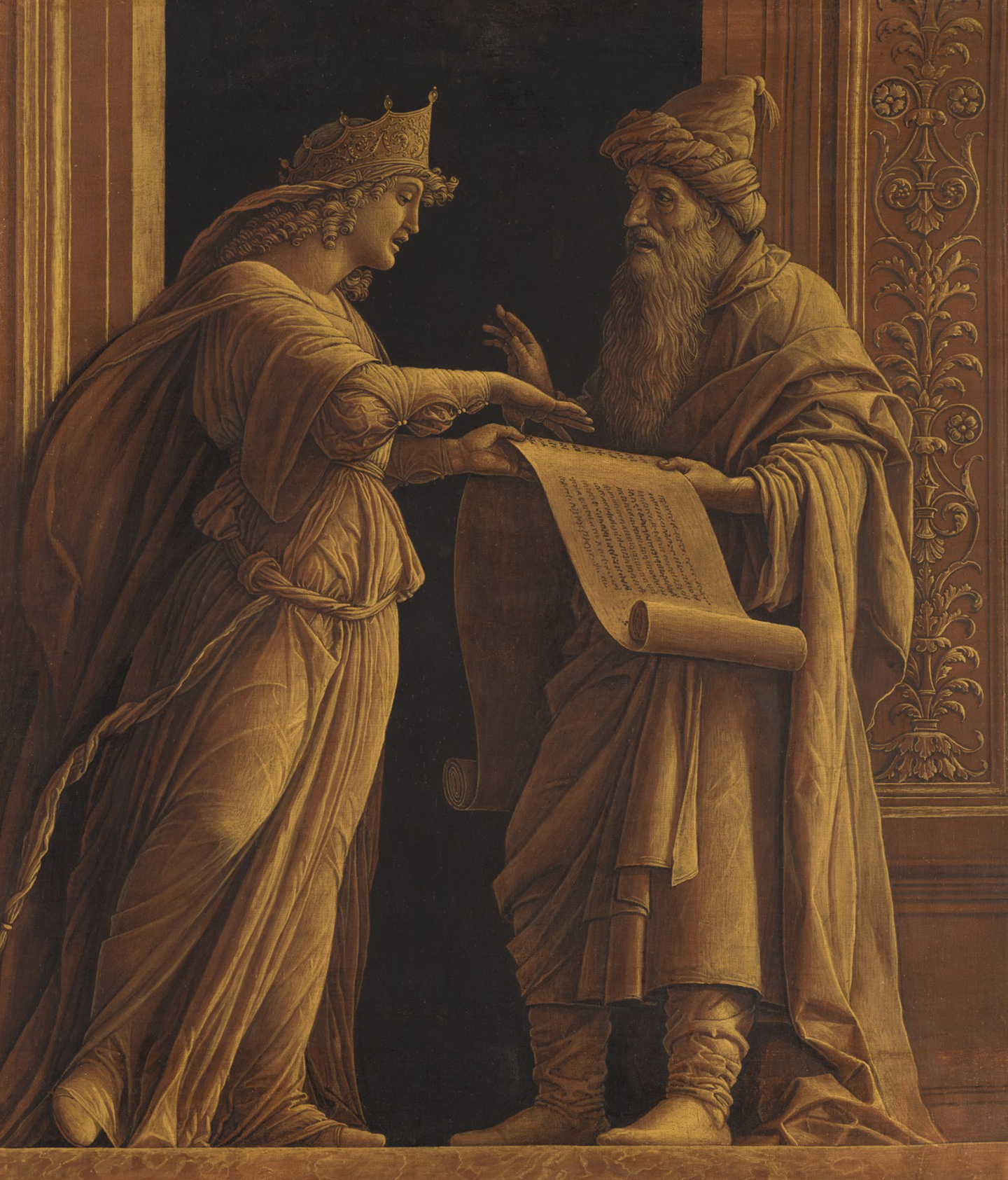 “Một thầy bói và một nhà tiên tri,” khoảng năm 1495, của họa sĩ Andrea Mantegna. Bột màu và vàng dưới dạng màu keo distemper trên vải. Bảo tàng Nghệ thuật Cincinnati. (Ảnh: Tư liệu công cộng)