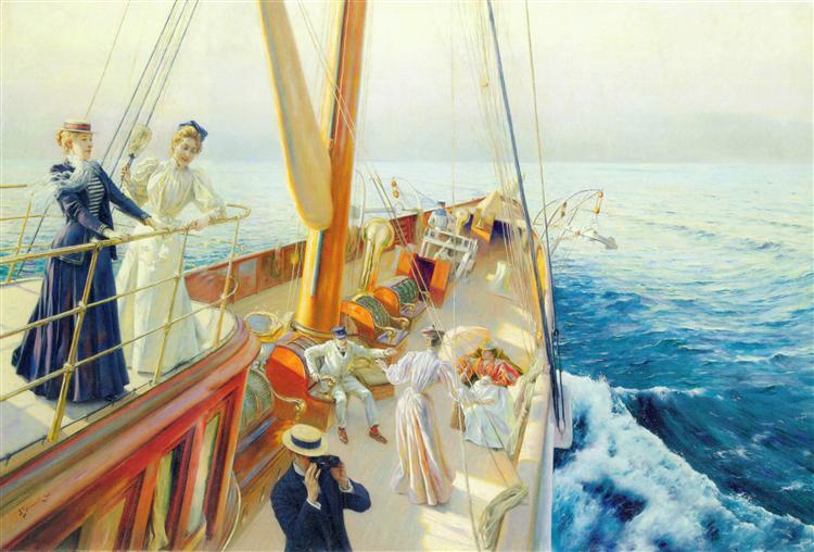 Nhà văn Chesterton viết về chuyến đi du thuyền đến Biển Nam và tìm đường về nhà. Bức tranh “Yachting in the Mediterranean” (Du thuyền ở Địa Trung Hải) năm 1896, của họa sĩ Julius LeBlanc Stewart. (Ảnh: Tài liệu công cộng)