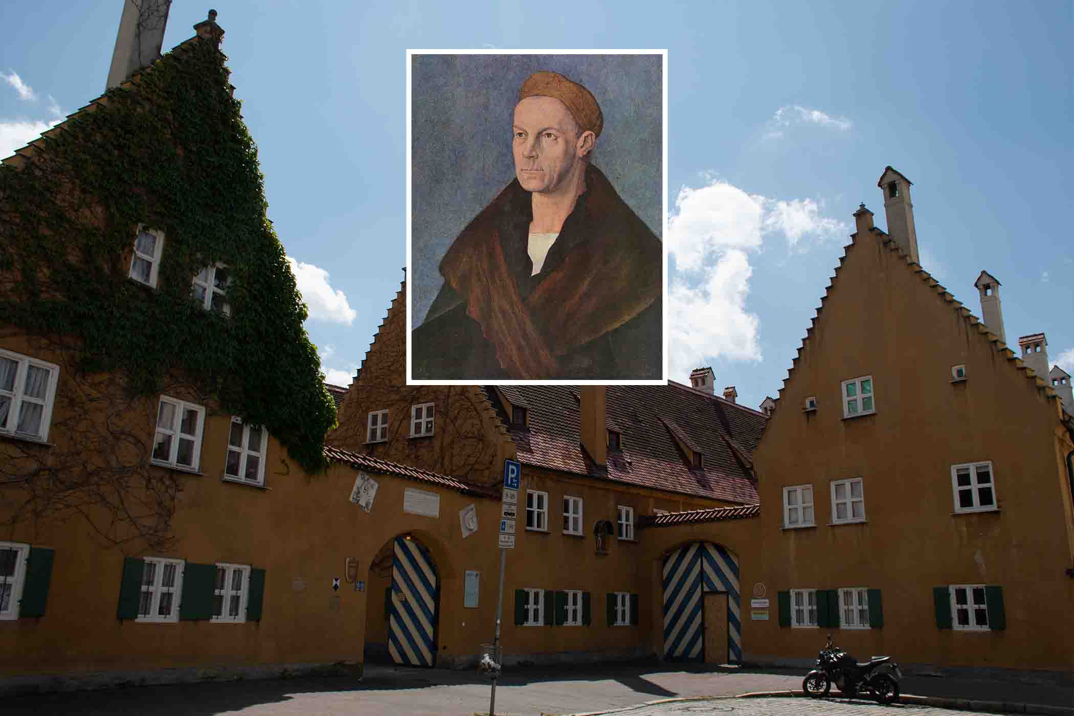 Cánh cổng của khu phố Fuggerei (Ảnh: Anne Czichos/Shutterstock); (Ảnh nhỏ) Bức chân dung “Phú ông Jakob Fugger” của họa sỹ Albrecht Dürer. (Ảnh: Tư liệu công cộng)