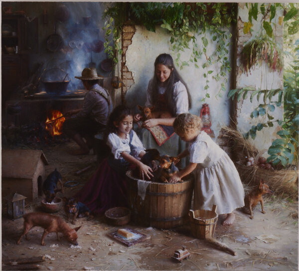 Tác phẩm “Bath Time” (Giờ Tắm) của họa sĩ Clodoaldo Geovani Martins (Brazil). Sơn dầu trên vải Canvas; 36 x 40 inch (~91cm x 102cm). (Ảnh: Cuộc thi Vẽ tranh Nhân vật Quốc tế NTD)