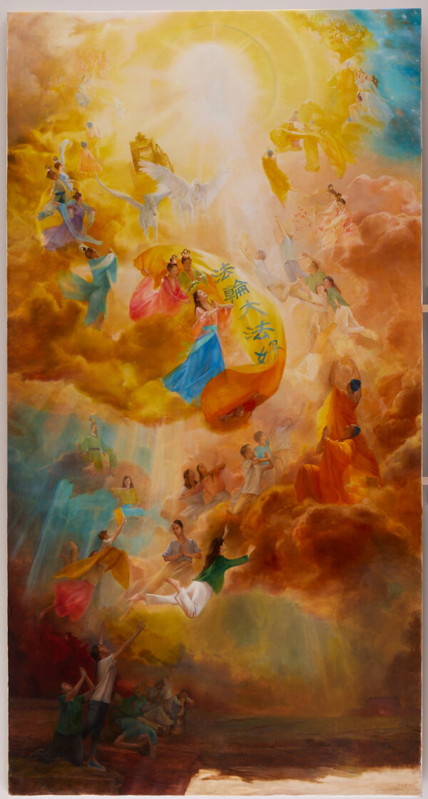 Bức tranh bên trái của tác phẩm “The Infinite Grace of Buddha” (Phật Ân Hạo Đãng) của họa sĩ Trần Hồng Dư (Đài Loan). Sơn dầu trên vải canvas; 107 3/8 inch x 56 4/8 inch (~2.7m x 1.4m). (Ảnh: Cuộc thi Vẽ tranh Nhân vật Quốc tế NTD)