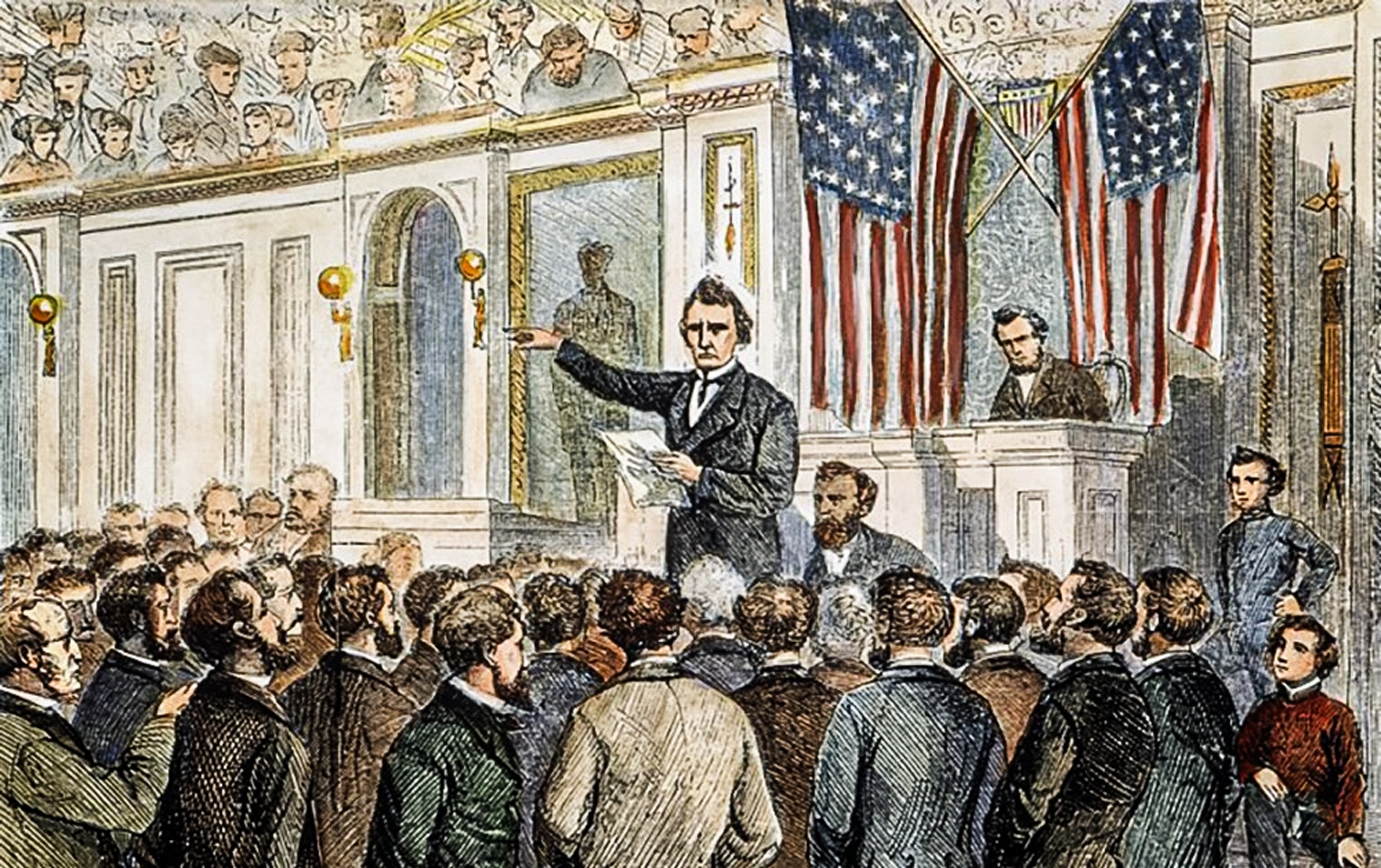 Bản in màu của một bức tranh khắc gỗ mô tả Dân biểu Thaddeus Stevens (Cộng Hòa-Pennsylvania) đưa ra lập luận cuối cùng trước Hạ viện trong cuộc tranh luận ngày 02/03/1868 về các điều khoản đàn hặc. (Ảnh: Tài liệu công cộng)