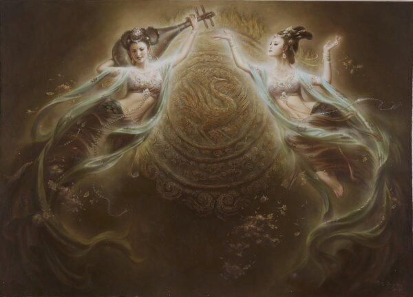 Tác phẩm “Flying Apsaras in the Golden Age” (Các Phi Thiên Thời Thịnh Thế) của họa sĩ Tăng Hạo (Trung Quốc). Sơn dầu trên vải canvas; 45 inch x 63 inch (~1.1m x 1.6m) (Ảnh: Cuộc thi Vẽ tranh Nhân vật Quốc tế NTD)