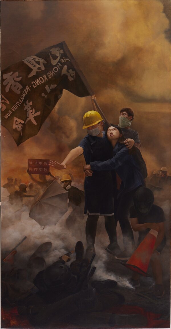 Bức tranh “Choosing Conscience Amid Political Unrest” (Lựa chọn lương tri giữa thời loạn thế) của họa sĩ Giang Hân Nho (Đài Loan). Sơn dầu trên vải canvas; 102 1/8 inch x 53 1/8 inch (~2.6m x 1.3m). (Ảnh: Cuộc thi Vẽ tranh Nhân vật Quốc tế NTD)