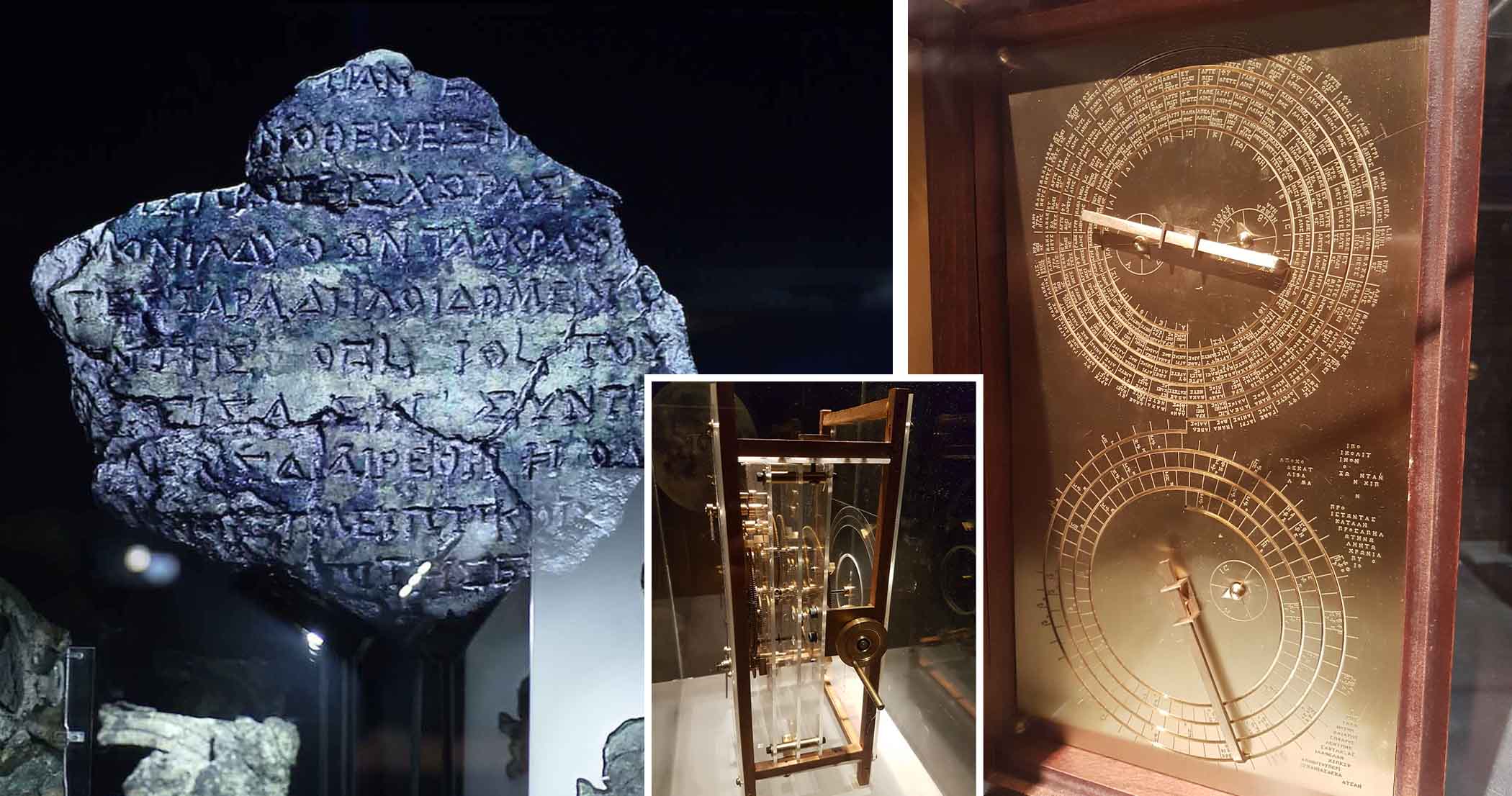 Bên trái: Có thể nhìn thấy chữ khắc trên Cỗ máy Antikythera, được trưng bày tại Bảo tàng Khảo cổ học ở Athens. (Ảnh: LOUISA GOULIAMAKI/AFP qua Getty Images); Phải: Bản phục chế Cỗ máy Antikythera của một nghệ sĩ. (Đại học Aristotle ở Thessaloniki) (Ảnh: Gts-tg/CC BY-SA 4.0 DEED ); Hình nhỏ: Mặt bên của bản phục chế Cỗ máy Antikythera của một nghệ sĩ, Bảo tàng Công nghệ Thessaloniki. (Ảnh: Gts-tg/CC BY-SA 4.0 DEED )