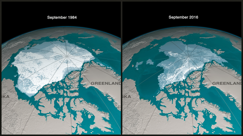 Một hình ảnh mô tả bằng đồ họa về sự thay đổi phạm vi băng ở biển Bắc Cực từ tháng 09/1984 đến tháng 09/2016. (Ảnh: NASA)