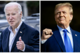 (Trái) Tổng thống Joe Biden giơ ngón tay cái khi rời Nhà thờ Công Giáo La Mã St. Edmond ở Bãi biển Rehoboth, Delaware, hôm 04/11/2023. (Ảnh: Brendan Smialowski/AFP qua Getty Images); (Phải) Hình ảnh Cựu Tổng thống Donald Trump trong một cuộc vận động tranh cử tại Trendsetter Engineering Inc. ở Houston, Texas, hôm 02/11/2023. (Ảnh: Brandon Bell/Getty Images)