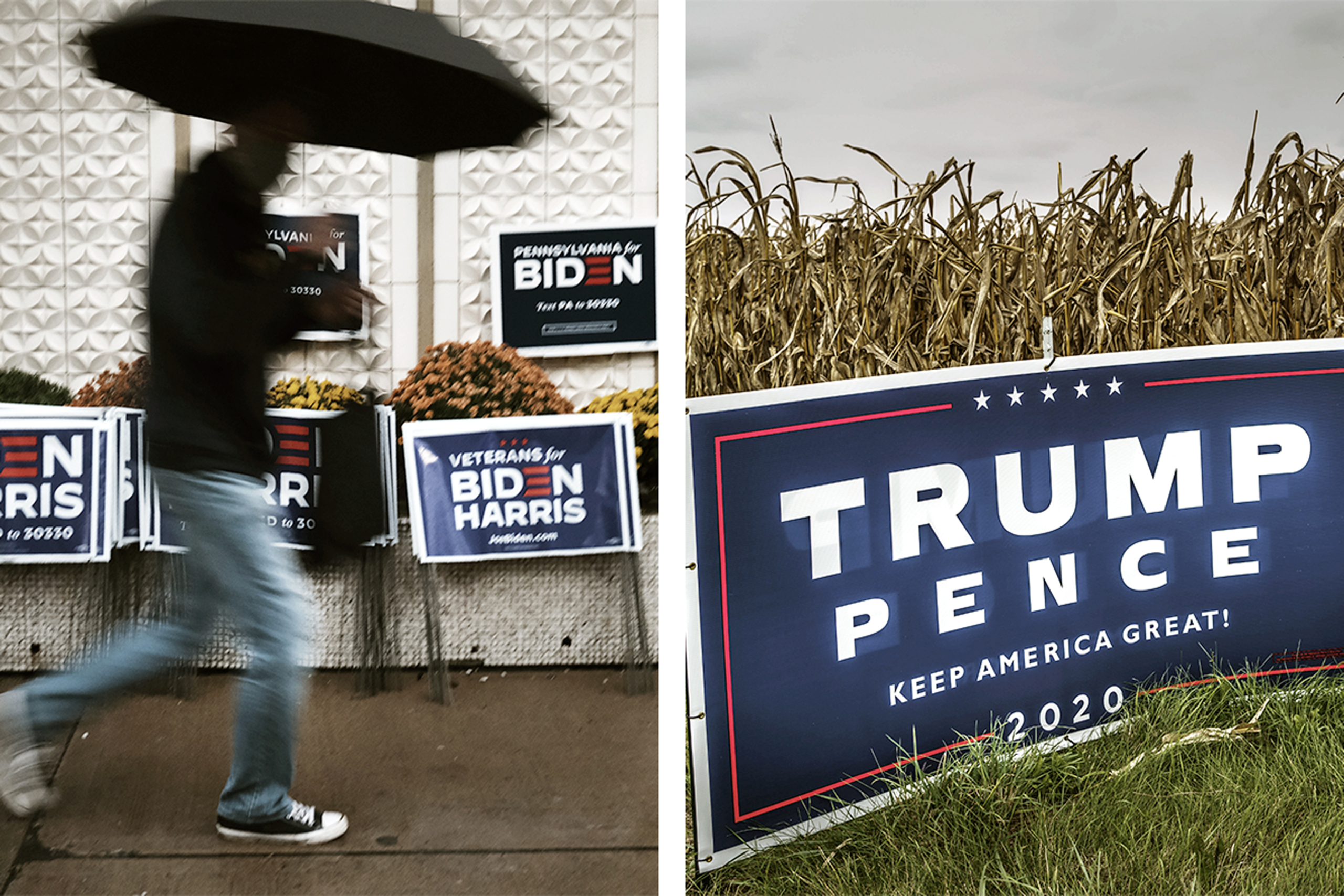(Trái) Một người đàn ông đi qua các tấm biển ủng hộ ông Joe Biden ở Scranton, Pennsylvania, vào ngày 01/11/2020. (Phải) Một tấm biển của chiến dịch tranh cử Trump-Pence ở Westby, Wisconsin, vào ngày 03/10/2020. (Ảnh: Spencer Platt/Getty Images, Kerem Yucel/AFP qua Getty Images)