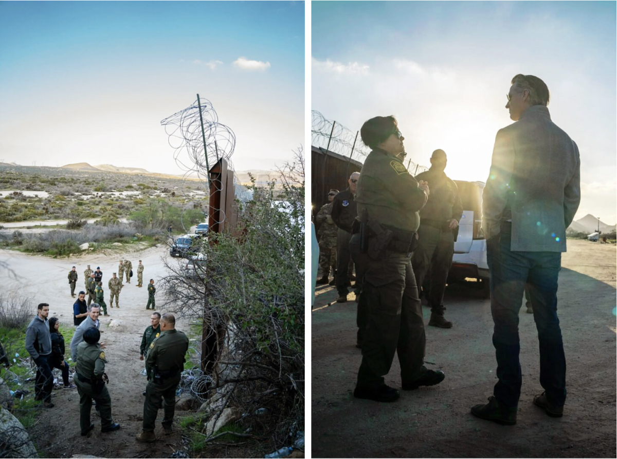 Thống đốc California Gavin Newsom được Lực lượng Vệ binh Quốc gia California báo cáo trong chuyến thăm biên giới Hoa Kỳ-Mexico hôm 01/03/2024. (Ảnh: Văn phòng Thống đốc Gavin Newson)