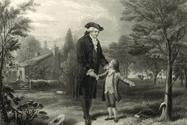 George Washington thừa nhận với cha mình rằng ông đã chặt cây anh đào. Tranh khắc bản, khoảng năm 1846. (Ảnh: Shutterstock)