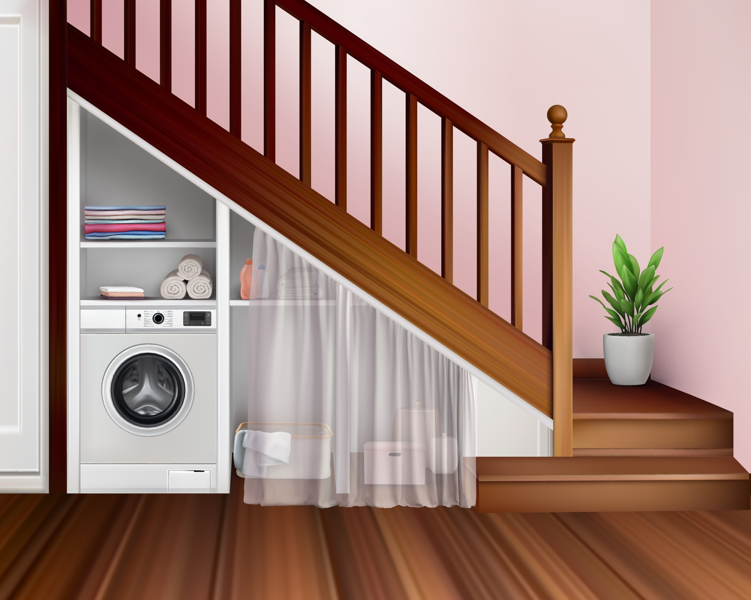 Phòng giặt được bố trí dưới gầm cầu thang cùng với cửa trượt để tăng tính thẩm mỹ. (Ảnh: Shutterstock)