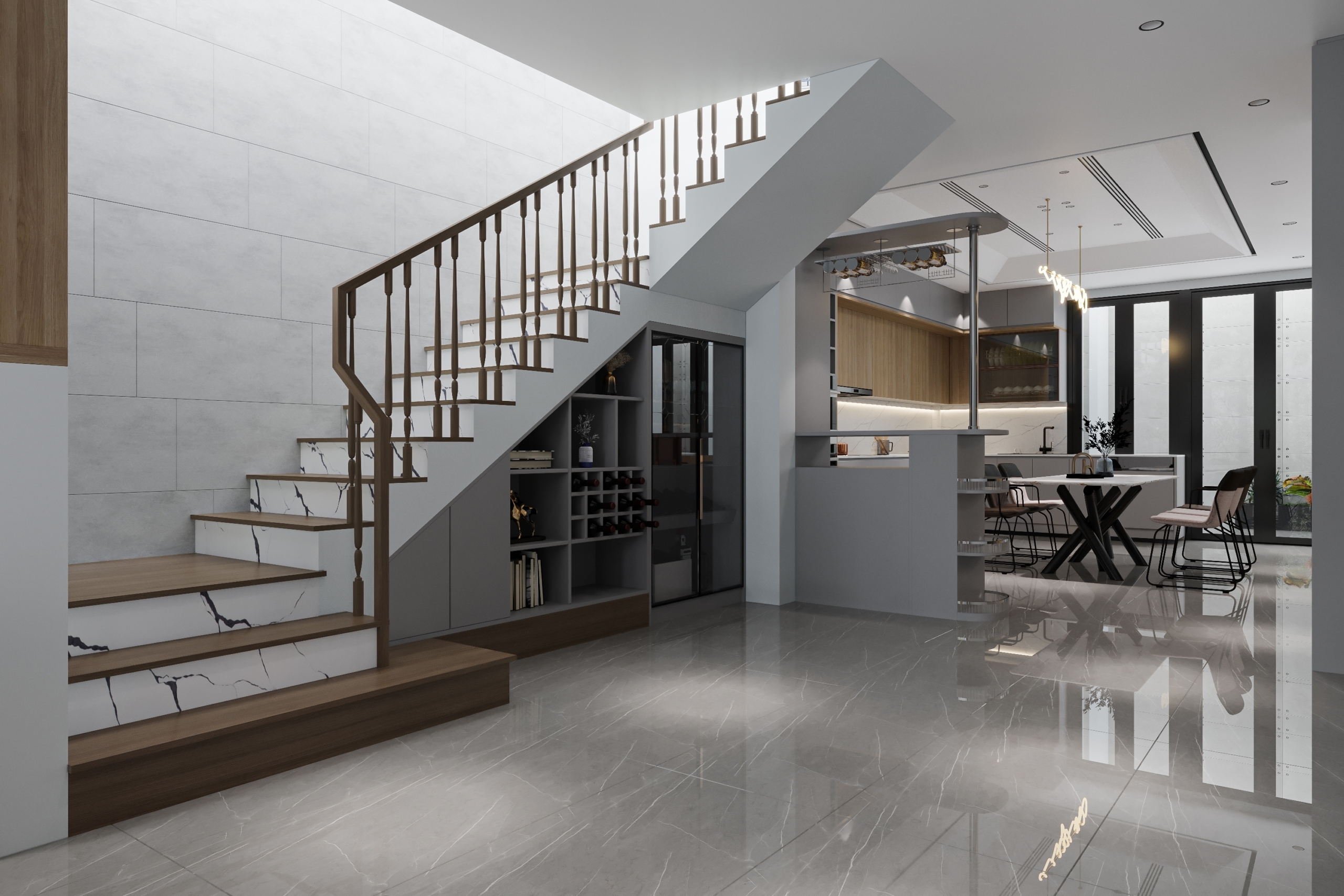 Thêm một quầy bar dưới cầu thang có thể làm tăng không gian cho phòng khách. (Ảnh: Shutterstock)