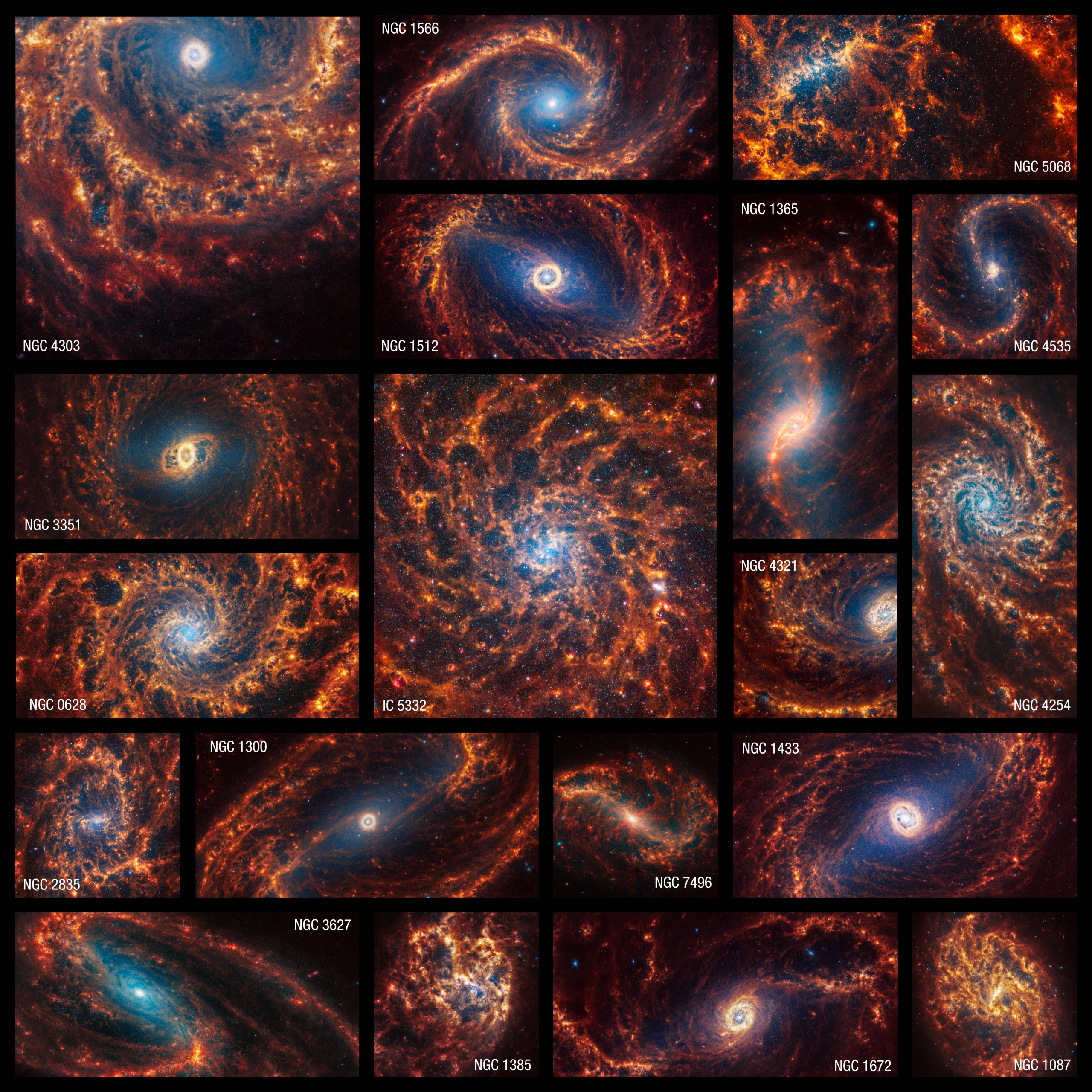 Kính viễn vọng không gian James Webb đã quan sát được 19 thiên hà xoắn ốc phẳng ở lân cận bằng camera cận hồng ngoại và thiết bị hồng ngoại tầm trung. Đây là một phần đóng góp của nó cho dự án “Vật lý học về độ phân giải góc cao của các thiên hà lân cận” (PHANGS). PHANGS cũng bao gồm các hình ảnh và dữ liệu từ kính viễn vọng không gian Hubble của NASA, Máy đo Quang phổ Đa đơn vị của kính thiên văn cực đại và kính thiên văn vô tuyến ALMA. Trong đó bao gồm số liệu quan sát trong tia cực tím, ánh sáng khả kiến ​​và sóng vô tuyến. [Ảnh: NASA, ESA, CSA, STScI, Janice Lee (STScI), Thomas Williams (Oxford), nhóm PHANGS, Elizabeth Wheatley (STScI)]