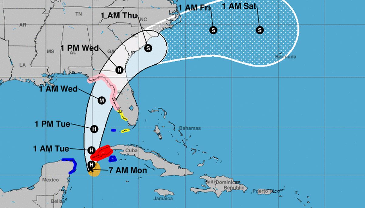 Trung tâm Bão Quốc gia đã công bố dự báo về đường đi của Bão nhiệt đới Idalia hôm 28/08/2023, cho thấy cơn bão đang hình thành bão lớn cấp 3 trước khi đổ bộ vào một nơi nào đó dọc theo Bờ biển Vịnh Florida. (Ảnh: NOAA/NHC)