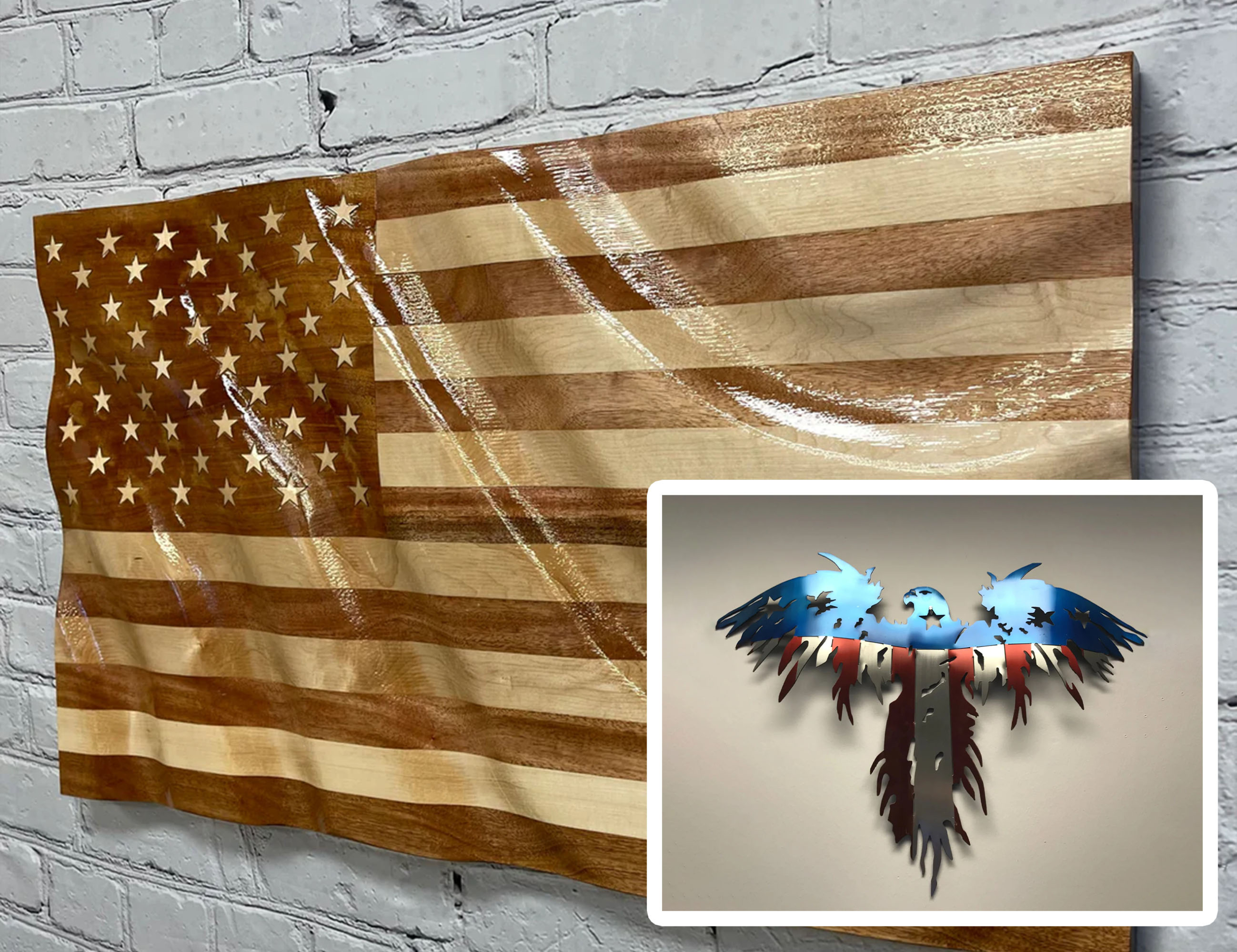Trên tường là quốc kỳ Mỹ, được làm từ một tấm gỗ chuyên dụng; (ảnh nhỏ) thiết kế đại bàng làm bằng kim loại phỏng theo quốc kỳ Mỹ. (Ảnh: Đăng dưới sự cho phép của ông Shane Henderson)