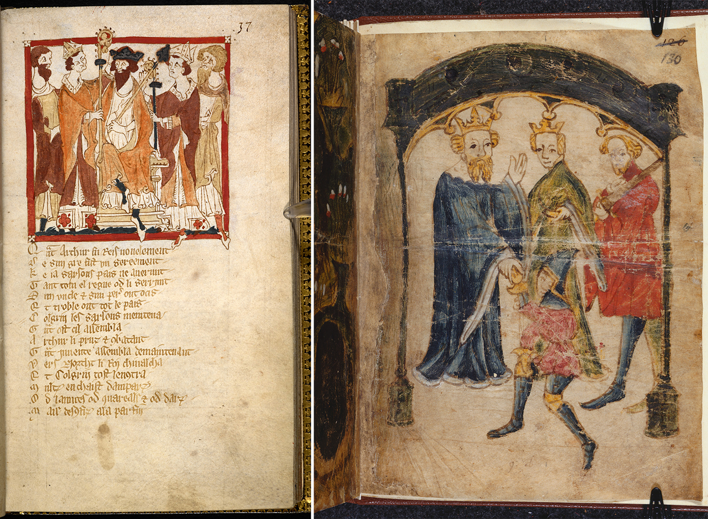 (Trái) Lễ đăng quang của Vua Arthur trong tác phẩm “Roman de Brut” (Lịch Sử Nước Anh”) của nhà thơ Wace, thế kỷ 14. (Phải) Ngài Gawain trở về cung điện trong thi phẩm “Sir Gawain and the Green Knight” (Hiệp Sỹ Gawain và Lục Hiệp Sỹ), một trong bốn bài thơ ẩn danh trong bản thảo Gawain. Thư viện Anh quốc, London. (Ảnh: Hội đồng Thư viện Anh quốc/CC BY 4.0 DEED).
