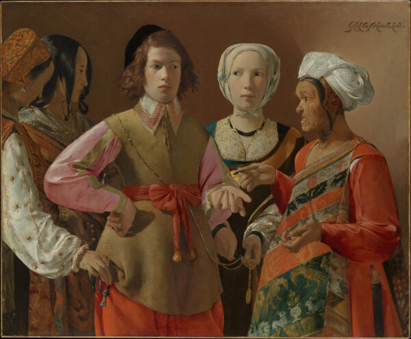 Bức họa “Thầy bói” được Georges de La Tour sáng tác vào khoảng những năm 1630. Tranh sơn dầu. Kích thước 40 1/8 inches x 48 5/8 inches. Do Quỹ Rogers trao tặng vào năm 1960; Viện bảo tàng Mỹ thuật Metropolitan, New York (Ảnh: Tài sản công)