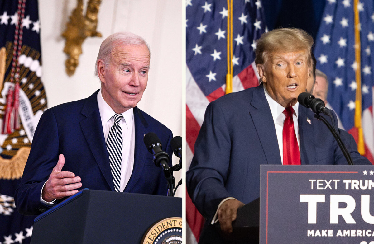 (Trái) Tổng thống Joe Biden. (Ảnh: Brendan Smialowski/AFP qua Getty Images); Cựu Tổng thống Donald Trump. (Ảnh: John Fredricks/The Epoch Times)