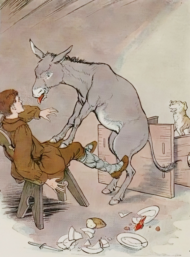 Tranh minh họa “The Ass and the Lap Dog” (Chú lừa và chú chó nhỏ) của họa sĩ Milo Winter, trích từ cuốn “The Aesop for Children” (Truyện Ngụ Ngôn Aesop Dành Cho Trẻ Em), năm 1919. (Ảnh: PD-US)