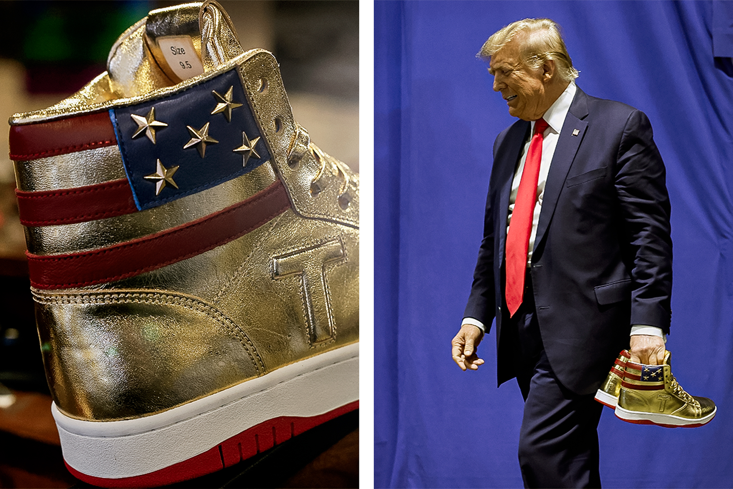 (Trái) 1,000 đôi giày phiên bản giới hạn ‘Giày thể thao Cổ Cao Chưa bao giờ Từ bỏ’ đã bán hết trong vòng vài tiếng sau khi ra mắt. (Phải) Cựu Tổng thống Donald Trump cầm đôi giày đặc trưng mới của mình trước khi lên sân khấu tại Sneaker Con ở Trung tâm Hội nghị Philadelphia, hôm 17/02/2024. (Ảnh: Chip Somodevilla/Getty Images)