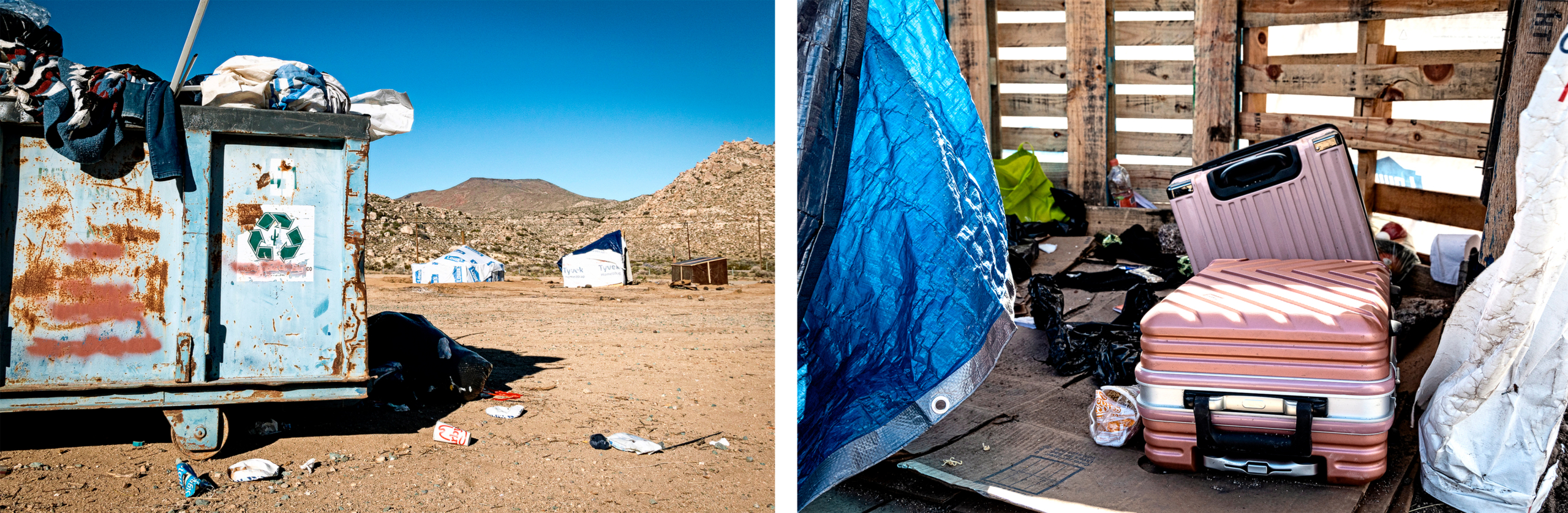 (Ảnh trên) Những người nhập cư bất hợp pháp đi qua một khoảng trống trên bức tường biên giới Hoa Kỳ để chờ các nhân viên Tuần tra Biên giới ở Jacumba, California, đến giải quyết thủ tục, hôm 07/12/2023. (Ảnh dưới bên trái) Các khu cắm trại gần bức tường biên giới Hoa Kỳ ở Jacumba, California, hôm 10/01/2024. (Ảnh dưới bên phải) Hành lý của những người nhập cư bất hợp pháp ở Jacumba. (Ảnh: John Fredricks/The Epoch Times)