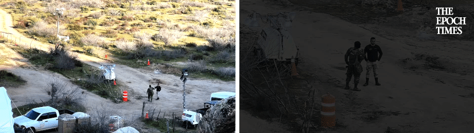 (Phía trên) Đoạn phim ghi lại cảnh binh sĩ Mexico đi bộ từ biên giới Hoa Kỳ trở về lại phía Mexico, hôm 29/02/2024. (Bên dưới) Đoạn phim cho thấy các thành viên của quân đội Mexico trò chuyện ở phía biên giới Mexico, hôm 29/02/2024. (Ảnh: The Epoch Times)