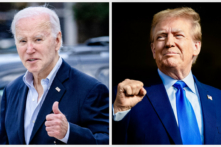 (Ảnh bên trái) Tổng thống Joe Biden giơ một ngón tay cái khi ông rời Nhà thờ Công giáo La Mã St. Edmond ở Bãi biển Rehoboth, Delaware, vào ngày 04/11/2023. (Ảnh bên phải) cựu Tổng thống Donald Trump đang quan sát trong một cuộc vận động tranh cử tại Trendsetter Engineering Inc. ở Houston, Texas, vào ngày 02/11/2023. (Ảnh: Brendan Smialowski/AFP qua Getty Images; Brandon Bell/Getty Images)