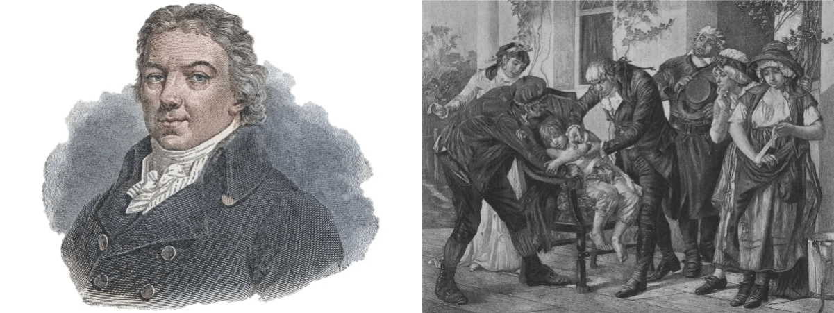 Ảnh trái: Chân dung của Edward Jenner, bác sĩ và nhà khoa học người Anh, người tiên phong trong khái niệm vaccine bằng cách tạo ra vaccine đậu mùa, loại vaccine đầu tiên trên thế giới. (Ảnh: Mikroman6/Getty Images)