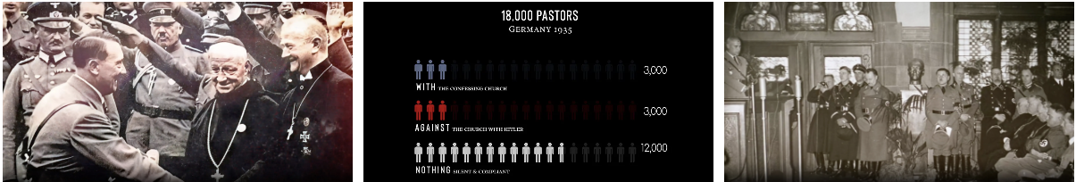 (Từ trái sang phải) Các phân cảnh trong bộ phim: Adolf Hitler và các quan chức Đức Quốc xã gặp gỡ các chức sắc giáo hội. Hơn 12,000 mục sư đã im lặng trước việc Đức Quốc xã nắm quyền. Đức Quốc xã tham dự một buổi lễ ở nhà thờ. (Ảnh: Turning Point USA)