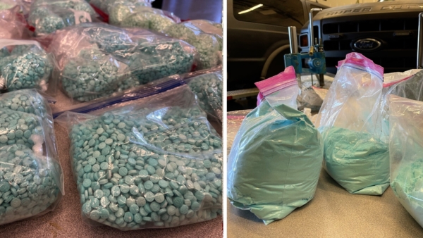 Các quan chức đã thu giữ các túi nhựa cỡ gallon (khoảng 3.8 lít) chứa đầy thuốc và bột fentanyl trong khi thực hiện một lệnh khám xét ở quận Multnomah, Oregon, vào ngày 25/07/2023. (Ảnh: Được đăng dưới sự cho phép của Văn phòng Cảnh sát trưởng Quận Multnomah)