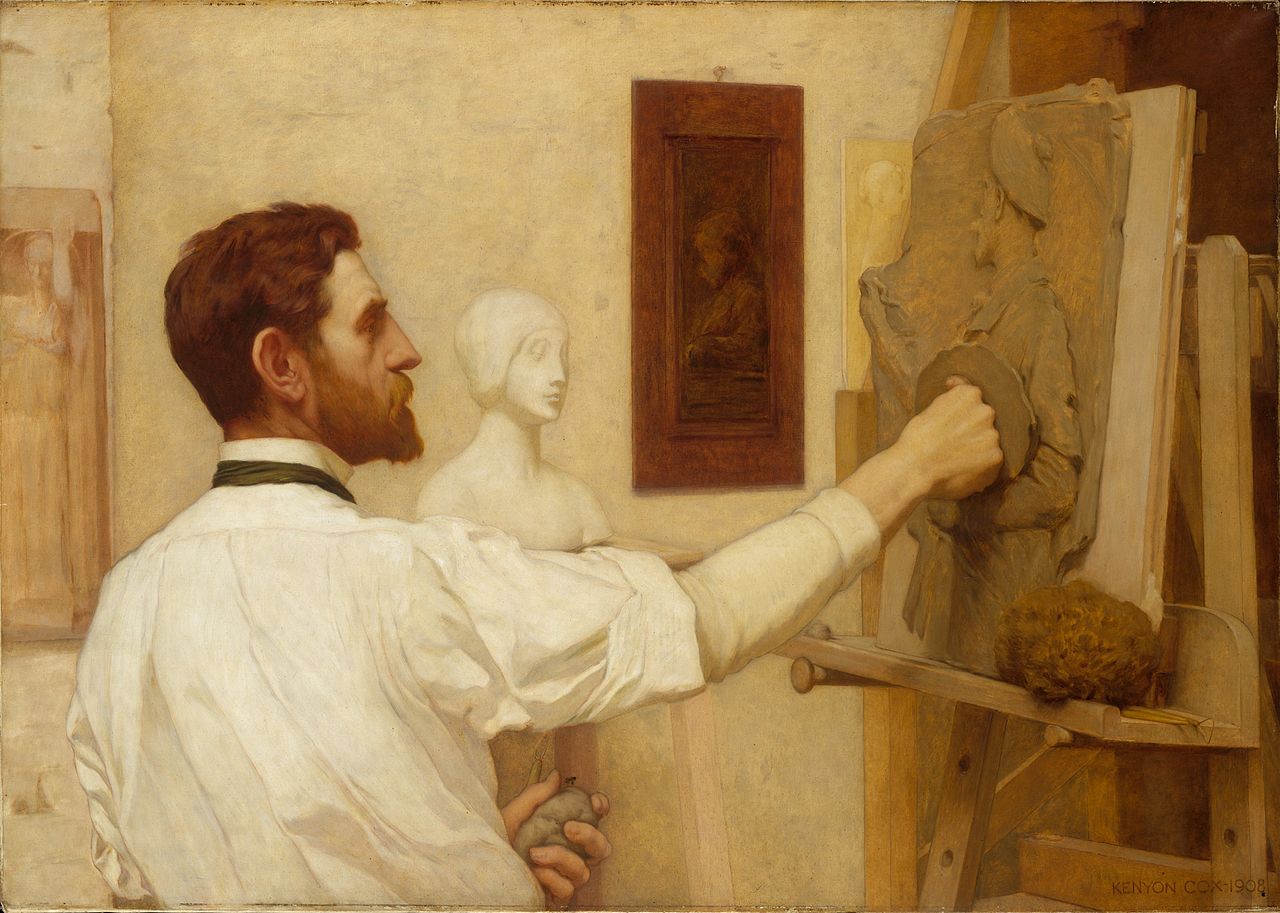 Bức tranh “Augustus Saint-Gaudens Working in His Studio” (Ông Augustus Saint-Gaudens làm việc trong xưởng điêu khắc của mình), của họa sỹ Kenyon Cox, năm 1908. Bảo tàng Nghệ thuật Metropolitan. (Ảnh: Tư liệu công cộng)