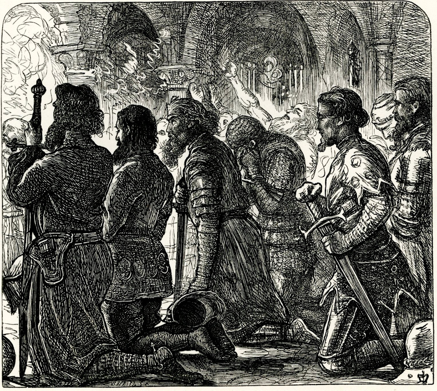 Hình minh họa các hiệp sỹ đang cầu nguyện trước Trận chiến Ba mươi, năm 1862, tác giả John Everett Millais. Trích từ sách “Những Bản Ballad và Bài Ca của Vùng Brittany” của Tom Taylor. (Ảnh: Tư liệu công cộng)