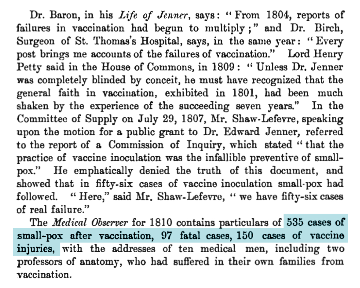 Nhiều báo cáo về việc chích ngừa bệnh đậu mùa không thành công đã xảy ra trong nhiều năm kể từ năm 1804. Tờ Medical Observer năm 1810 có thông tin chi tiết về 535 trường hợp bị bệnh đậu mùa sau khi chích ngừa, trong đó có 97 trường hợp tử vong và 150 trường hợp bị tổn thương do vaccine. (Ảnh chụp màn hình từ Đạo luật chích vaccine của Quốc hội từ The Epoch Times)
