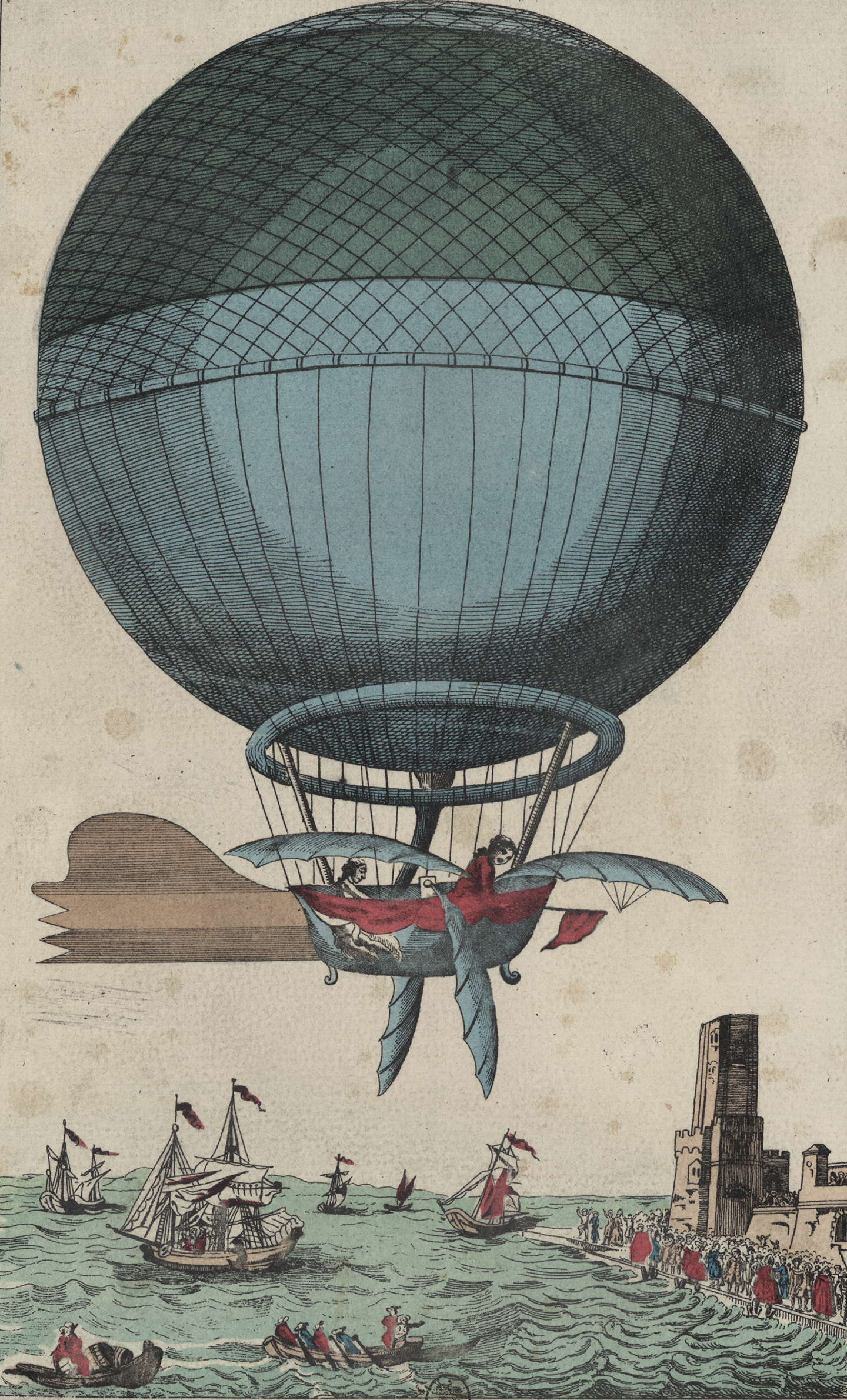 Bức tranh khắc họa ông Jean Pierre Blanchard và John Jefferies đến Calais sau khi vượt qua eo biển Anh trên khinh khí cầu. Thư viện Quốc hội. (Ảnh: Tư liệu công cộng)