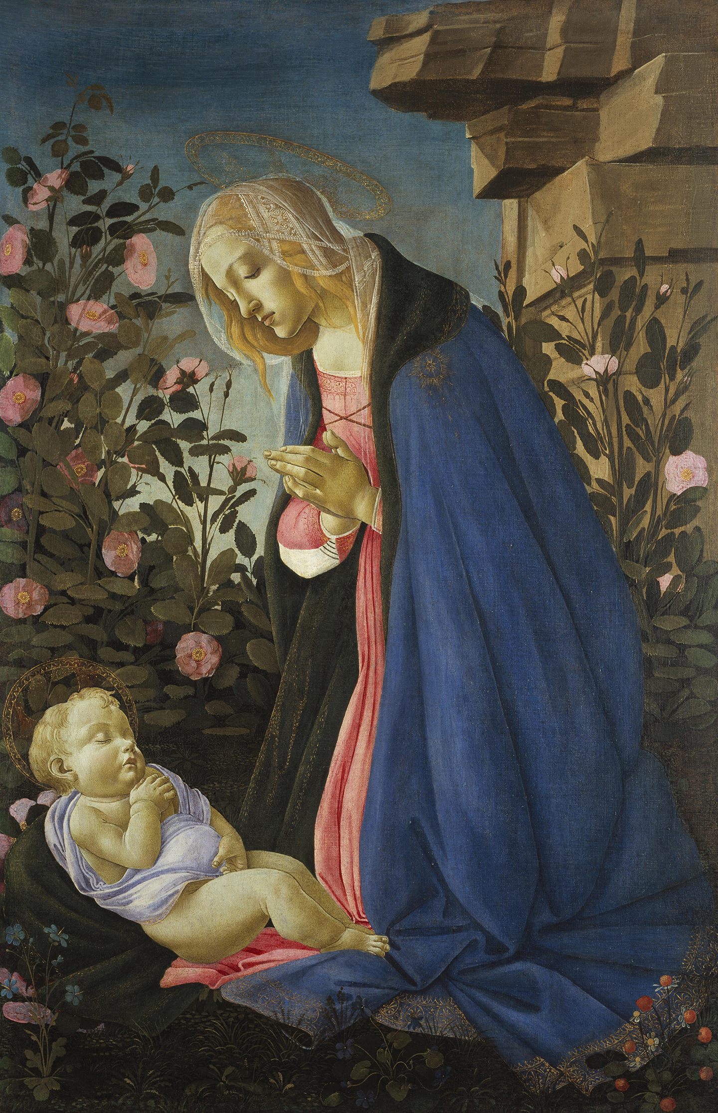 Bức tranh “The Virgin Adoring the Sleeping Christ Child” (Đức Mẹ Đồng Trinh Ngắm Nhìn Chúa Hài Đồng Say Ngủ), khoảng năm 1485, của họa sỹ Sandro Botticelli. Màu keo trứng và vàng trên vải canvas; 48 inches x 31 ¾ inches (~122cm x 80.6cm). Phòng trưng bày Quốc gia Scotland, Edinburgh. (Ảnh: Tư liệu công cộng)