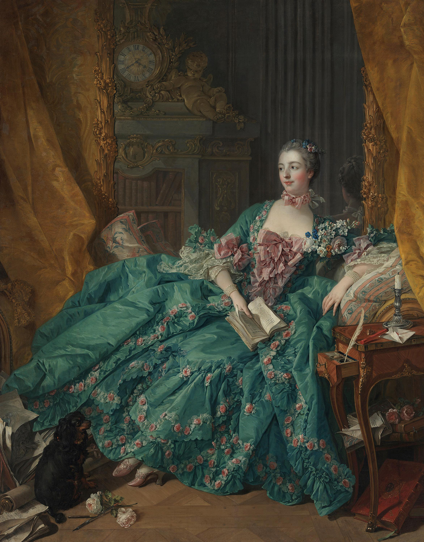 Bức chân dung của Quý bà Pompadour, hoạ sỹ François Boucher, năm 1756. Tranh sơn dầu trên vải canvas; kích thước 79 inch x 61 4/15 inch (~ 201 cm x 156 cm). Bảo tàng Nghệ thuật Alte Pinakothek, thành phố Munich. (Ảnh: Tư liệu công cộng)