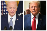 (Trái) Tổng thống Joe Biden trình bày trước một nhóm thống đốc lưỡng đảng tại Phòng phía Đông của Tòa Bạch Ốc ở Thủ đô Hoa Thịnh Đốn, trong Cuộc họp mùa đông của Hiệp hội Thống đốc Quốc gia, hôm 23/02/2024. (Phải) Cựu Tổng thống Donald Trump đến Tòa án Hình sự Manhattan để dự phiên xét xử vụ án tiền bịt miệng để che đậy chuyện ngoại tình ở Thành phố New York, hôm 15/02/2024. (Ảnh: Saul Loeb/AFP qua Getty Images; Angela Weiss/AFP qua Getty Images)