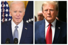 (Trái) Tổng thống Joe Biden trình bày trước một nhóm thống đốc lưỡng đảng tại Phòng phía Đông của Tòa Bạch Ốc ở Thủ đô Hoa Thịnh Đốn, trong Cuộc họp mùa đông của Hiệp hội Thống đốc Quốc gia, hôm 23/02/2024. (Phải) Cựu Tổng thống Donald Trump đến Tòa án Hình sự Manhattan để dự phiên xét xử vụ án tiền bịt miệng để che đậy chuyện ngoại tình ở Thành phố New York, hôm 15/02/2024. (Ảnh: Saul Loeb/AFP qua Getty Images; Angela Weiss/AFP qua Getty Images)