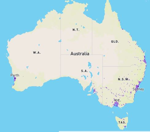 Bản đồ phủ sóng mạng 5G của Telstra. Công ty viễn thông này tuyên bố có phạm vi phủ sóng rộng nhất ở Úc. (Ảnh: Được đăng dưới sự cho phép của Telstra)
