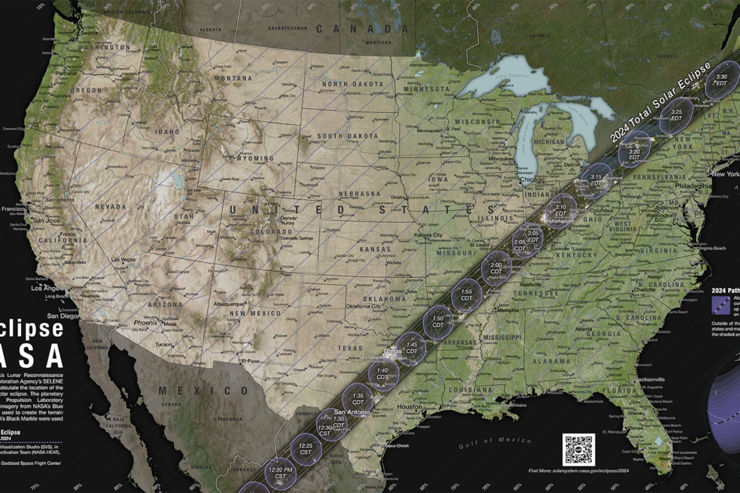 Hình ảnh trực quan minh họa đường đi của toàn bộ và một phần đường đi của bóng mặt trăng qua Hoa Kỳ trong hiện tượng nhật thực toàn phần xảy ra vào ngày 08/04/2024. (Ảnh: Được đăng dưới sự cho phép của Studio Trực quan Khoa học của NASA)