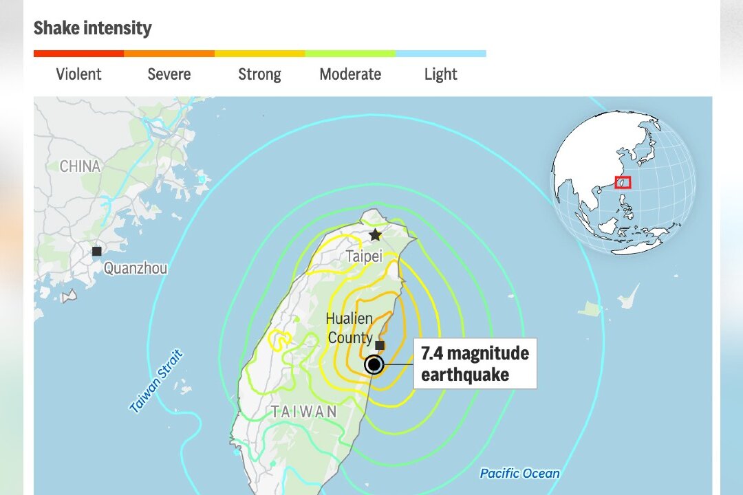Trận động đất mạnh 7.4 độ tại Đài Loan, hôm 03/04/2024, và biểu đồ cường độ rung chuyển của trận động đất này. (Ảnh: AP Digital Embed)