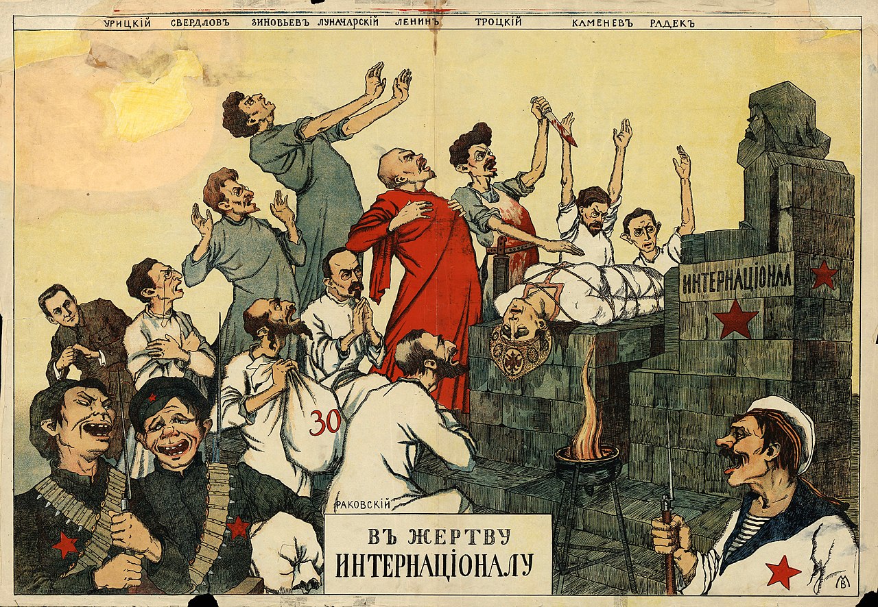 Bích chương Chống-Bolshevik, trong đó miêu tả Lenin khoác chiếc áo choàng màu đỏ hô hào những người Bolshevik khác hy sinh nước Nga dưới bức tượng của Karl Marx, khoảng năm 1918-1919. (Ảnh: Tư liệu công cộng)