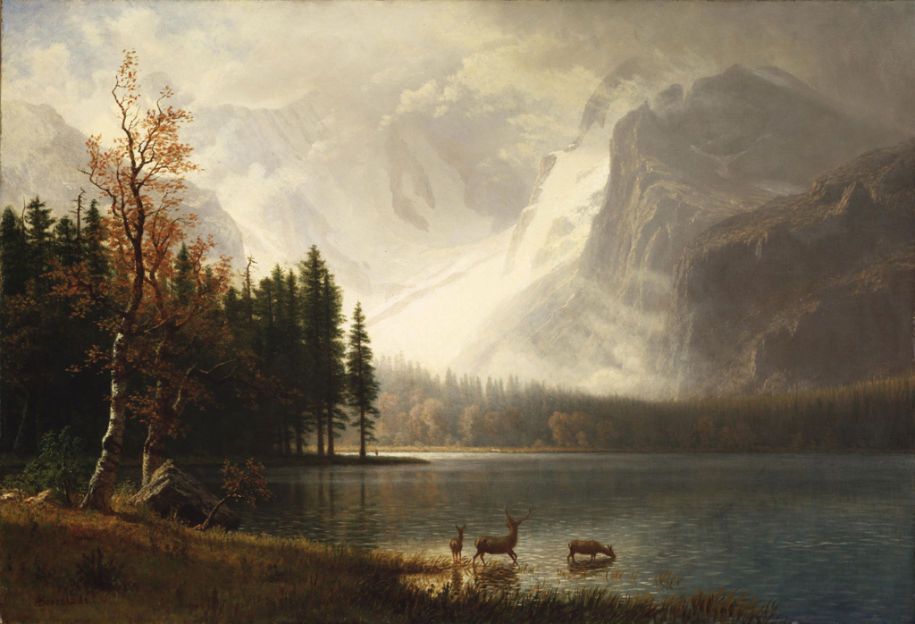 Bức tranh “Estes Park, Colorado, Whyte’s Lake” (Công viên Estes, Colorado, Hồ Whyte’s), của họa sỹ Albert Bierstadt, khoảng năm 1877. Sơn dầu trên vải canvas; 30 inch x 43.75 inch (76cm x 111cm). Bảo tàng Nghệ thuật Miền Tây Whitney, Trung tâm Buffalo Bill của miền Tây, thành phố Cody, tiểu bang Wyoming. (Ảnh: Tư liệu công cộng)