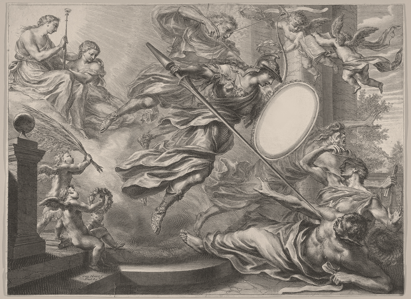 Tranh in Nữ thần Athena (Minerva) cầm khiên và giáo, nghệ sỹ Grégoire Huret, thế kỷ 17. Bảo tàng Nghệ thuật Metropolitan, Thành phố New York. (Ảnh: Tư liệu công cộng)