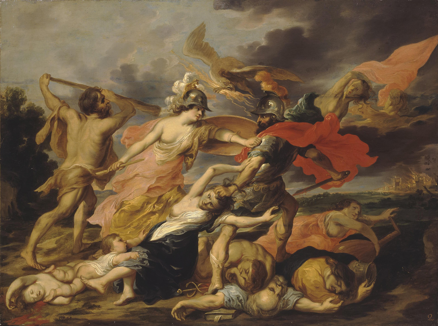 Anh hùng Heracles và Nữ thần Athena trục xuất Thần Ares trong bức “Allegory of War” (Truyện ngụ ngôn về chiến tranh), họa sỹ Victor Wolfvoet, giữa năm 1630 và năm 1640. Tranh sơn dầu trên vải canvas. Bảo tàng Hermitage, Saint Petersburg. (Ảnh: Tư liệu công cộng)