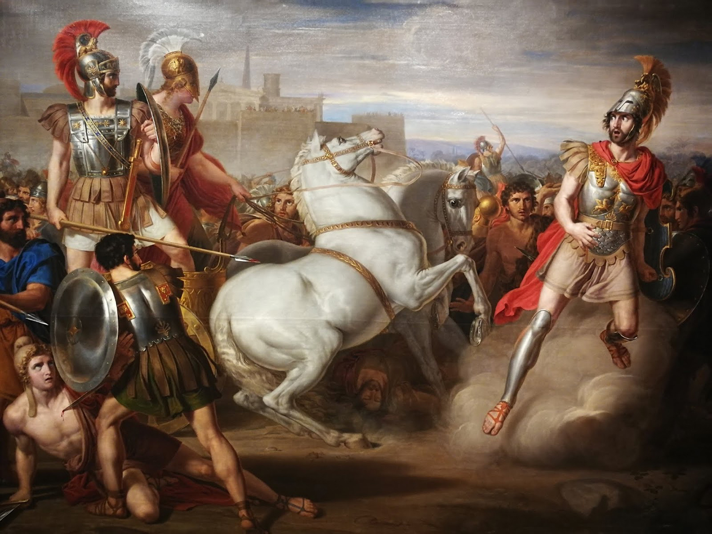 Bức “Diomedes, assisted by Minerva (Athena), wounds Mars (Ares)” (Diomedes, được Thần Minerva (Athena) trợ giúp, làm Mars (Ares) bị thương), họa sỹ Rafael Tejeo, năm 1831. Tranh sơn dầu trên vải canvas. Bảo tàng Mỹ thuật Murcia, Tây Ban Nha. (Ảnh: Tư liệu công cộng)