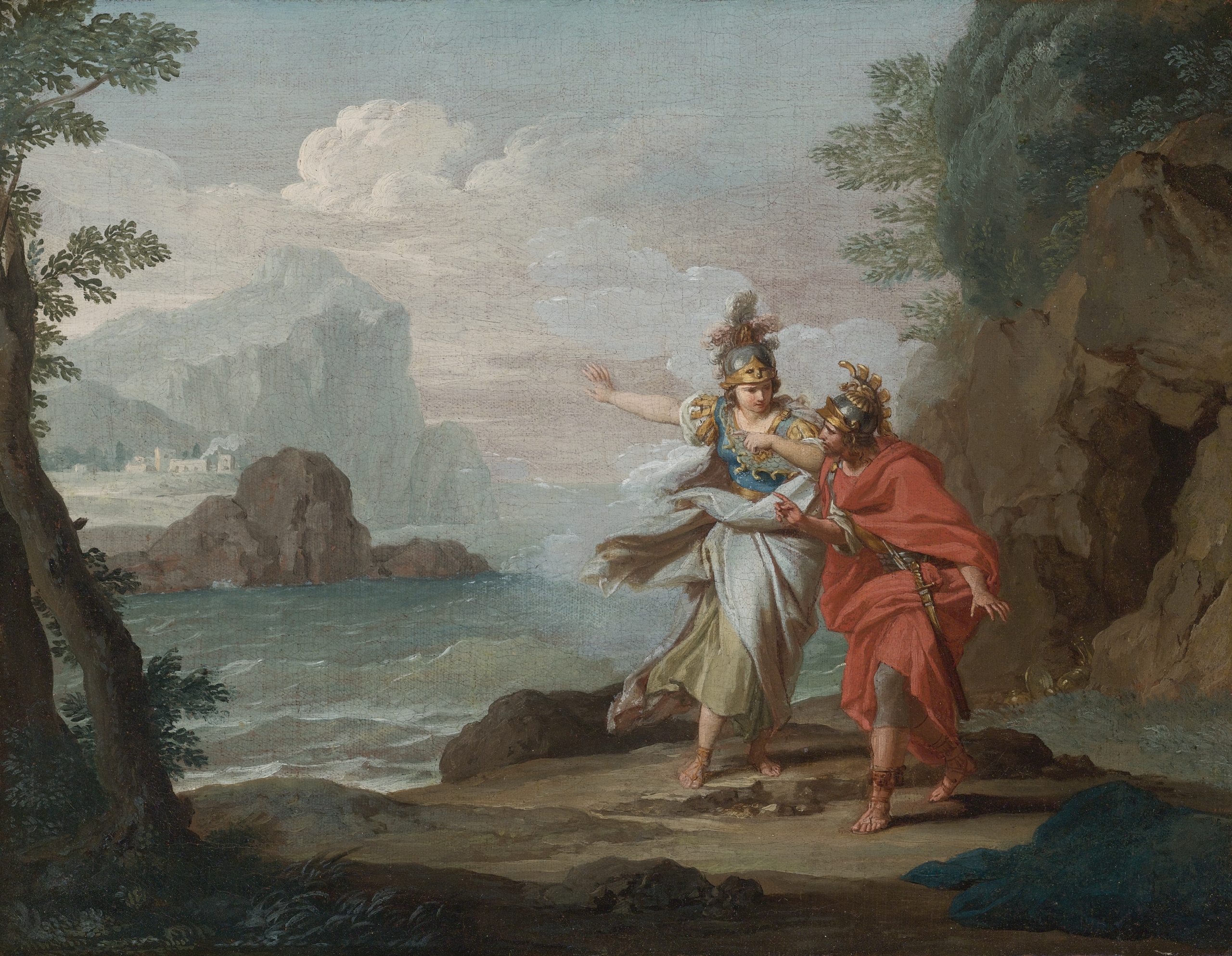 Bức “Athena appearing to Odysseus to reveal the island of Ithaca” (Nữ thần Athena hiện ra trước Odysseus để tiết lộ về hòn đảo Ithaca), họa sỹ Giuseppe Bottani, thế kỷ 18. Tranh sơn dầu trên vải canvas. Bộ sưu tập cá nhân. (Ảnh: Tư liệu công cộng)