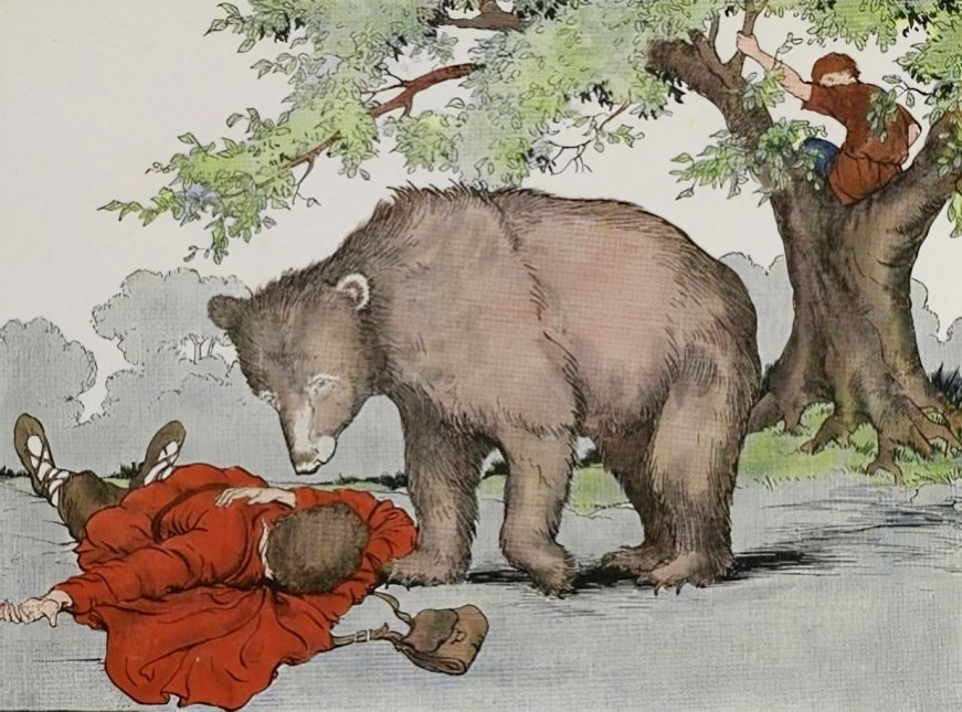 Tranh minh họa “Two Travelers and a Bear” (Hai Lữ Khách và Chú Gấu) của họa sỹ Milo Winter, từ tác phẩm “The Aesop for Children” (Truyện Ngụ Ngôn Aesop Dành Cho Trẻ Em) năm 1919. (Ảnh: PD-US)