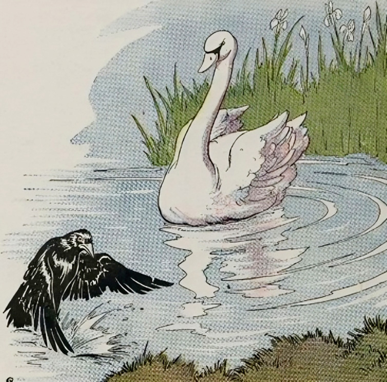 Tranh minh họa “The Raven and the Swan” (Quạ và Thiên Nga) của họa sỹ Milo Winter, từ tác phẩm “The Aesop for Children” (Truyện Ngụ Ngôn Aesop Dành Cho Trẻ Em) năm 1919. (Ảnh: PD-US)
